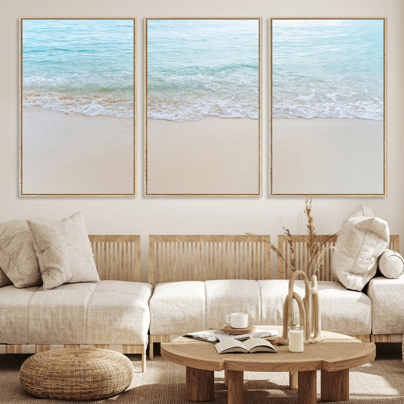 77194056-MGV-FC-60X30-3P_Natural-Soft Shoreline Wall Art Canvas Print, Framed Gentle Waves Art Picture Print, Clear Water Perfect Minimalist Coastal Decor Artwork