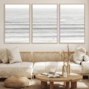 66534476-MGV-FC-60X30-3P_Natural-Lone Surfer Wall Art Canvas Print, Framed Ocean Waves Art Picture Print, Minimal Sea Perfect Minimal Coastal Decor Artwork