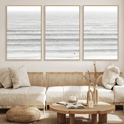 66534476-MGV-FC-60X30-3P_Natural-Lone Surfer Wall Art Canvas Print, Framed Ocean Waves Art Picture Print, Minimal Sea Perfect Minimal Coastal Decor Artwork