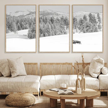68081143-MGV-FC-60X30-3P_Natural-Snowy Bison Wall Art Canvas Print, Framed Winter Forest Art Picture Print, Lone Bison Perfect Monochrome Winter Wild Decor Artwork