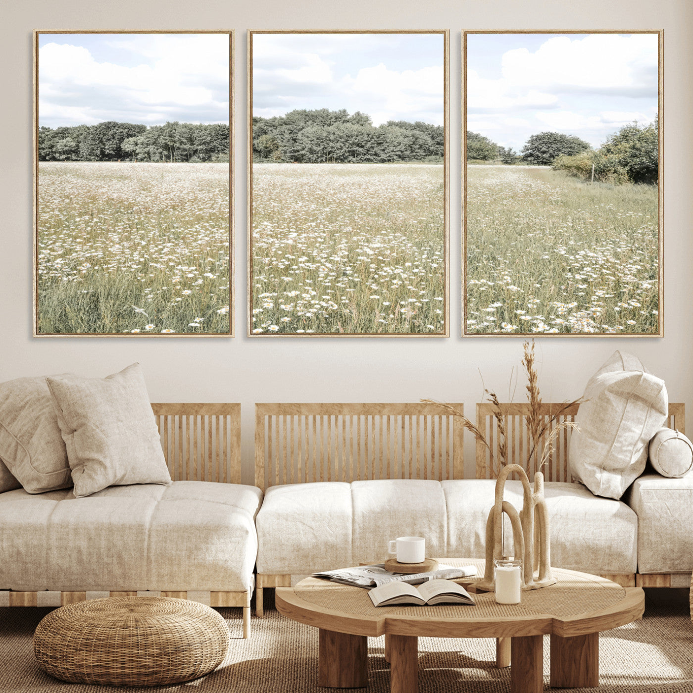 43258946-MGV-CV-36X24-Daisy Field Wall Art Canvas Print, Framed Pastel Flower Art Picture Print, Meadow Bloom Perfect Scandinavian Minimalist Decor