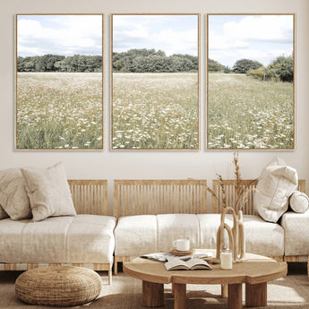 43258946-MGV-CV-36X24-Daisy Field Wall Art Canvas Print, Framed Pastel Flower Art Picture Print, Meadow Bloom Perfect Scandinavian Minimalist Decor