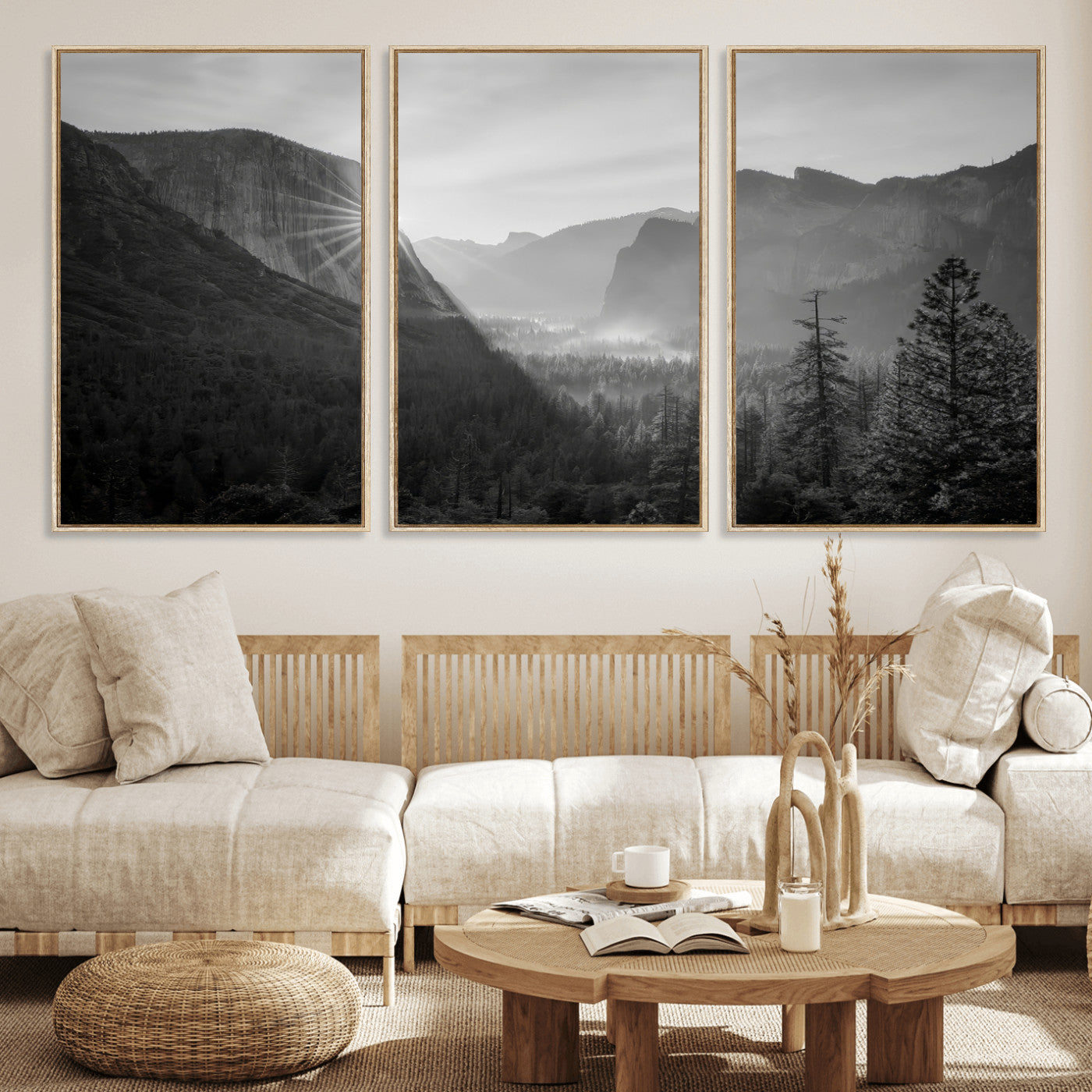 39278955-MGV-FC-60X30-3P_Natural-Yosemite Valley Wall Art Canvas Print, Framed El Capitan Art Picture Print, Misty Mountain Perfect Modern Rustic Decor Artwork