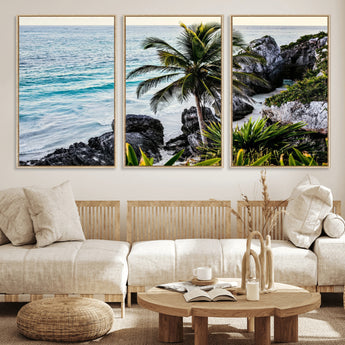 94669907-MGV-CV-36X24-Tropical Coastline Wall Art Canvas Print, Framed Palm Tree Art Picture Print, Rocky Beach Perfect Tropical Coastal Decor Artwork