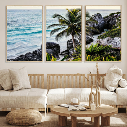 94669907-MGV-CV-36X24-Tropical Coastline Wall Art Canvas Print, Framed Palm Tree Art Picture Print, Rocky Beach Perfect Tropical Coastal Decor Artwork