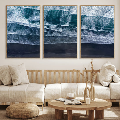 87941475-MGV-CV-36X24-Black Beach Wall Art Canvas Print, Framed Aerial Ocean Art Picture Print, Moody Coastal Perfect Modern Coastal Decor Artwork