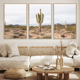 96147924-MGV-FC-60X30-3P_Natural-Saguaro Cactus Wall Art Canvas Print, Framed Desert Cactus Art Picture Print, Earthy Desert Perfect Southwestern Boho Decor