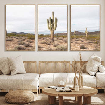 96147924-MGV-FC-60X30-3P_Natural-Saguaro Cactus Wall Art Canvas Print, Framed Desert Cactus Art Picture Print, Earthy Desert Perfect Southwestern Boho Decor