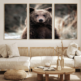 47112103-MGV-FC-60X30-3P_Natural-Brown Bear Wall Art Canvas Print, Framed Forest Wildlife Art Picture Print, Woodland Bear Perfect Rustic Cabin Decor Artwork