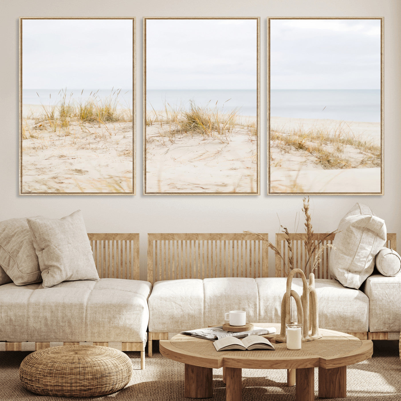 13146857-MGV-CV-36X24-Beach Dunes Wall Art Canvas Print, Framed Soft Horizon Art Picture Print, Coastal Grass Perfect Minimalist Coastal Decor Artwork