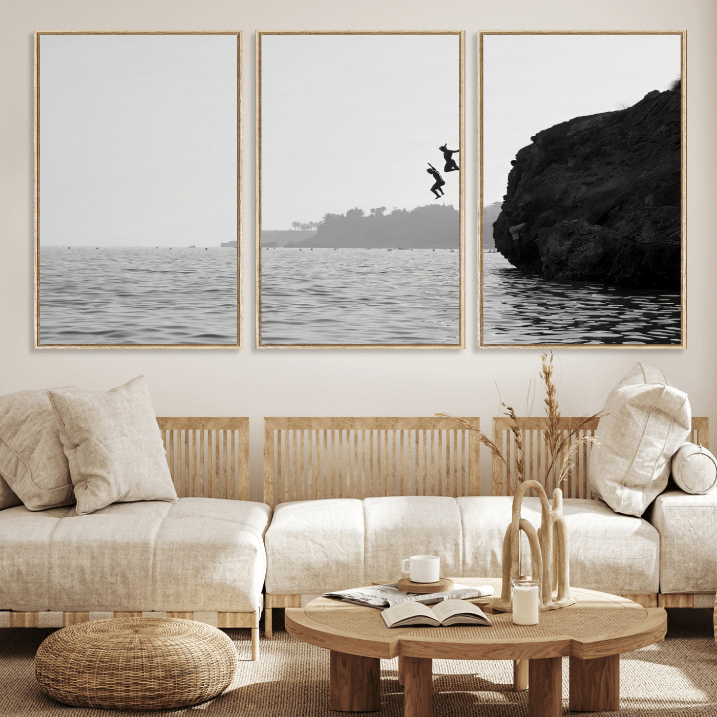 52284302-MGV-FC-60X30-3P_Natural-Cliff Jumping Wall Art Canvas Print, Framed Ocean Adventure Art Picture Print, Black White Coast Perfect Modern Coastal Decor