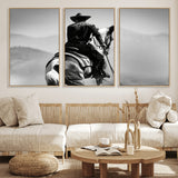 83102464-MGV-FC-60X30-3P_Natural-Western Cowboy Wall Art Canvas Print, Framed Monochrome Horse Art Picture Print, Western Equestrian Perfect Rustic Western Decor