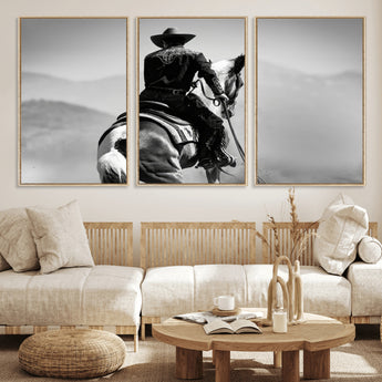 83102464-MGV-FC-60X30-3P_Natural-Western Cowboy Wall Art Canvas Print, Framed Monochrome Horse Art Picture Print, Western Equestrian Perfect Rustic Western Decor