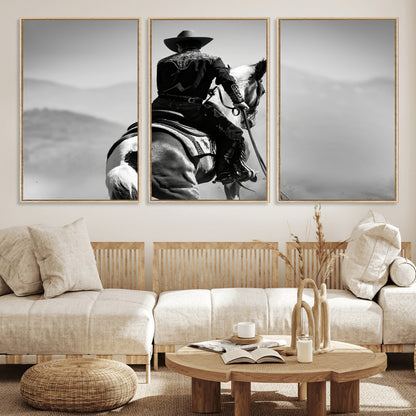 83102464-MGV-FC-60X30-3P_Natural-Western Cowboy Wall Art Canvas Print, Framed Monochrome Horse Art Picture Print, Western Equestrian Perfect Rustic Western Decor