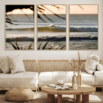 24896468-MGV-CV-36X24-Sunset Surf Wall Art Canvas Print, Framed Golden Waves Art Picture Print, Tropical Ocean Perfect Tropical Boho Decor Artwork