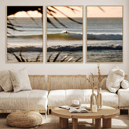 24896468-MGV-CV-36X24-Sunset Surf Wall Art Canvas Print, Framed Golden Waves Art Picture Print, Tropical Ocean Perfect Tropical Boho Decor Artwork