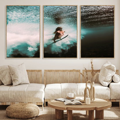 85923512-MGV-CV-36X24-Aquatic Motion Wall Art Canvas Print, Framed Underwater Swimming Art Picture Print, Female Surfer Diving Perfect Coastal Boho