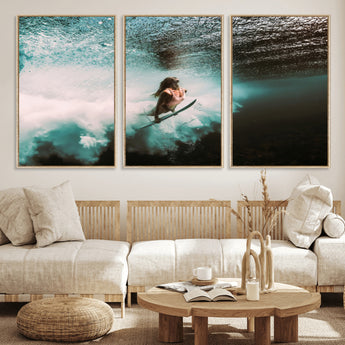 85923512-MGV-FC-60X30-3P_Natural-Aquatic Motion Wall Art Canvas Print, Framed Underwater Swimming Art Picture Print, Female Surfer Diving Perfect Coastal Boho