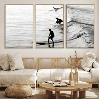 19875284-MGV-FC-60X30-3P_Natural-Surfer Waves Wall Art Canvas Print, Framed Black White Surf Art Picture Print, Monochrome Ocean Perfect Modern Coastal Decor