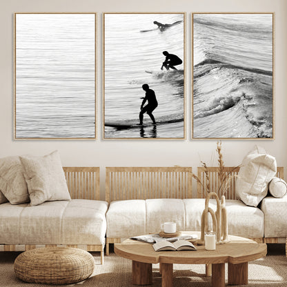 19875284-MGV-FC-60X30-3P_Natural-Surfer Waves Wall Art Canvas Print, Framed Black White Surf Art Picture Print, Monochrome Ocean Perfect Modern Coastal Decor