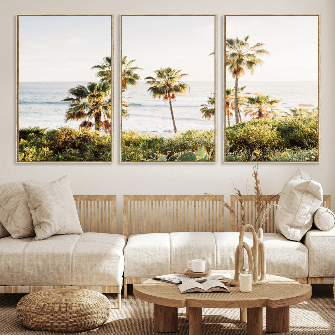 94707294-MGV-FC-60X30-3P_Natural-California Coast Wall Art Canvas Print, Framed Palm Trees Art Picture Print, Coastal Landscape Perfect Coastal Minimalist Decor