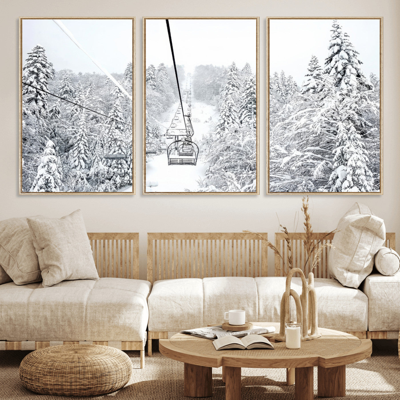 44705668-MGV-FC-60X30-3P_Natural-Winter Forest Wall Art Canvas Print, Framed Snowy Forest Art Picture Print, Ski Lift Perfect Scandinavian Decor Artwork