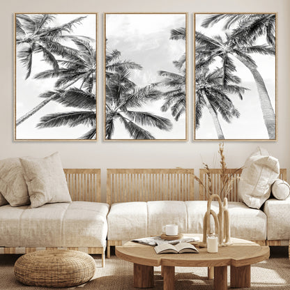 62113786-MGV-CV-36X24-Black White Palm Wall Art Canvas Print, Framed Monochrome Tropics Art Picture Print, Minimalist Beach Perfect Coastal Minimalist