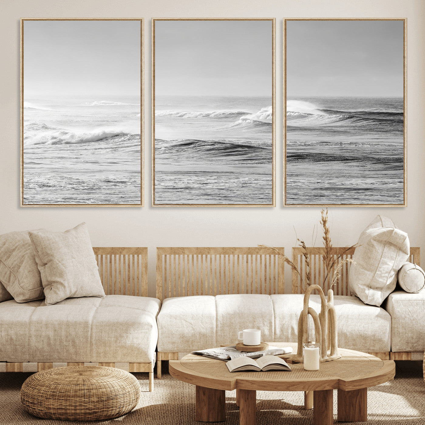 98634812-MGV-FC-60X30-3P_Natural-Black and White Ocean Waves Wall Art – Minimalist Sea Canvas Print, Coastal Photography Decor for Living Room, Bedroom or Office