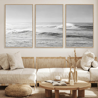 98634812-MGV-FC-60X30-3P_Natural-Black and White Ocean Waves Wall Art – Minimalist Sea Canvas Print, Coastal Photography Decor for Living Room, Bedroom or Office