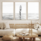 98446901-MGV-CV-36X24-Monochrome Surf Wall Art Canvas Print, Framed Minimalist Surfer Art Picture Print, Surfboard Silhouette Perfect Coastal Minimalist