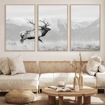 62278753-MGV-CV-36X24-Monochrome Elk Wall Art Canvas Print, Framed Mountain Wildlife Art Picture Print, Rustic Nature Perfect Rustic Minimalist Decor