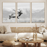 62278753-MGV-FC-60X30-3P_Natural-Monochrome Elk Wall Art Canvas Print, Framed Mountain Wildlife Art Picture Print, Rustic Nature Perfect Rustic Minimalist Decor