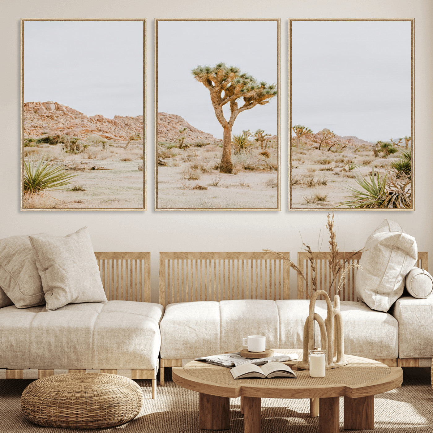 67109959-MGV-FC-60X30-3P_Natural-Joshua Tree Wall Art Canvas Print, Framed Neutral Desert Art Picture Print, Earthy Landscape Perfect Neutral Boho Decor Artwork