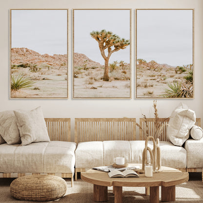 67109959-MGV-FC-60X30-3P_Natural-Joshua Tree Wall Art Canvas Print, Framed Neutral Desert Art Picture Print, Earthy Landscape Perfect Neutral Boho Decor Artwork