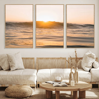 16973771-MGV-CV-36X24-Calm Water Wall Art Canvas Print, Framed Sunset Waves Art Picture Print, Coastal Warmth Perfect Warm Minimalist Decor Artwork
