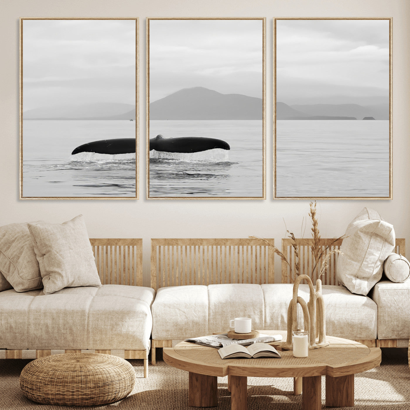 30524220-MGV-FC-60X30-3P_Natural-Whale Tail Wall Art Canvas Print, Framed Black White Ocean Art Picture Print, Calm Marine Perfect Minimalist Coastal Decor Artwork