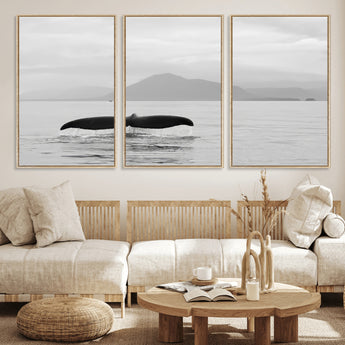 30524220-MGV-FC-60X30-3P_Natural-Whale Tail Wall Art Canvas Print, Framed Black White Ocean Art Picture Print, Calm Marine Perfect Minimalist Coastal Decor Artwork