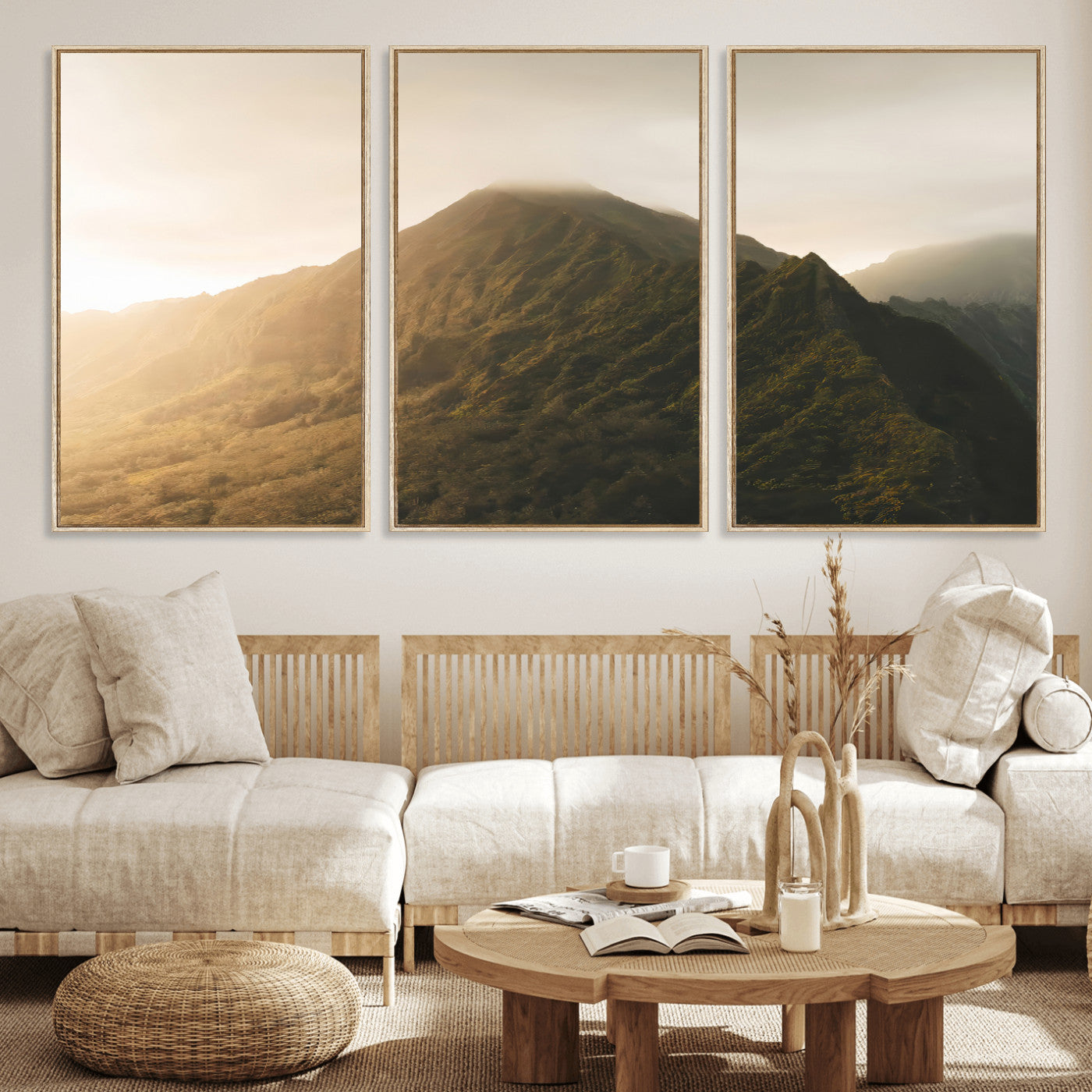 42338636-MGV-CV-36X24-Golden Mountain Wall Art Canvas Print, Framed Misty Summit Art Picture Print, Rugged Landscape Perfect Moody Wilderness Decor