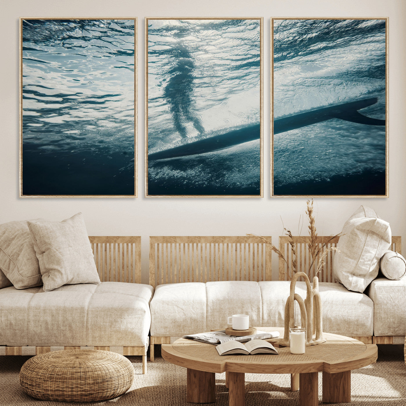 71192524-MGV-FC-60X30-3P_Natural-Submerged Surf Wall Art Canvas Print, Framed Underwater Perspective Art Picture Print, Ocean Surf Perfect Coastal Adventure Decor