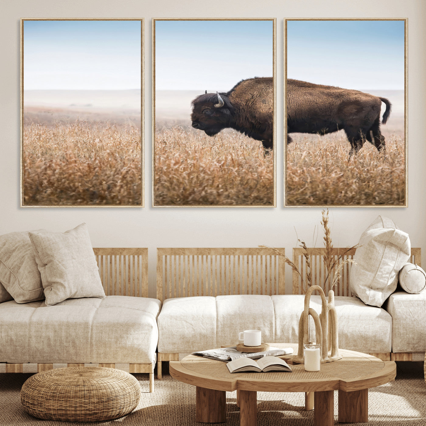 99620201-MGV-CV-36X24-Wild Bison Wall Art Canvas Print, Framed Bison in Prairie Art Picture Print, Rustic Western Perfect Rustic Western Decor Artwork