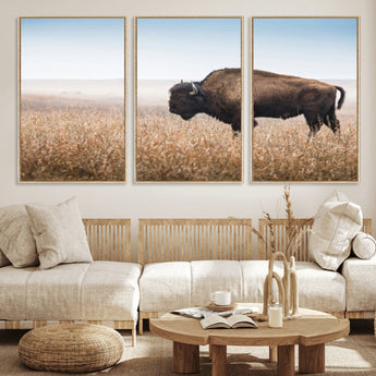 99620201-MGV-CV-36X24-Wild Bison Wall Art Canvas Print, Framed Bison in Prairie Art Picture Print, Rustic Western Perfect Rustic Western Decor Artwork