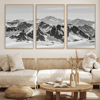 32399691-MGV-FC-60X30-3P_Natural-Snowy Mountain Wall Art Canvas Print, Framed Mountain Peaks Art Picture Print, Alpine Mountains Perfect Minimalist Alpine Decor