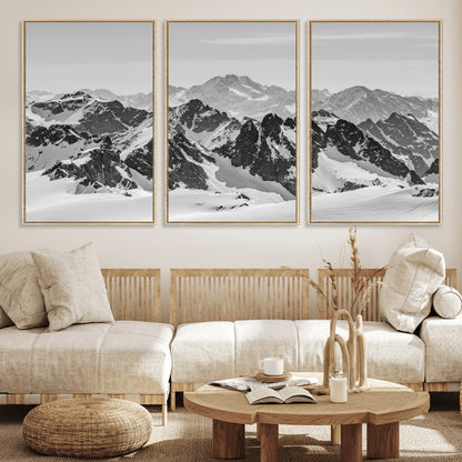 32399691-MGV-FC-60X30-3P_Natural-Snowy Mountain Wall Art Canvas Print, Framed Mountain Peaks Art Picture Print, Alpine Mountains Perfect Minimalist Alpine Decor