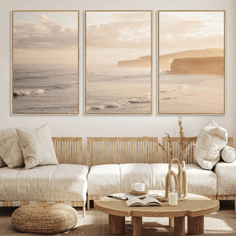 57669769-MGV-CV-36X24-Misty Coastal Wall Art Canvas Print, Framed Golden Sunset Art Picture Print, Serene Shoreline Perfect Tranquil Coastal Decor
