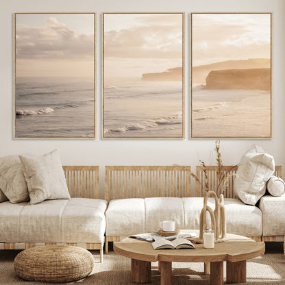 57669769-MGV-CV-36X24-Misty Coastal Wall Art Canvas Print, Framed Golden Sunset Art Picture Print, Serene Shoreline Perfect Tranquil Coastal Decor