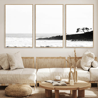 40875891-MGV-CV-36X24-SurferCliffs Wall Art Canvas Print, Framed Black White Beach Art Picture Print, Ocean Waves Perfect Minimalist Coastal Decor