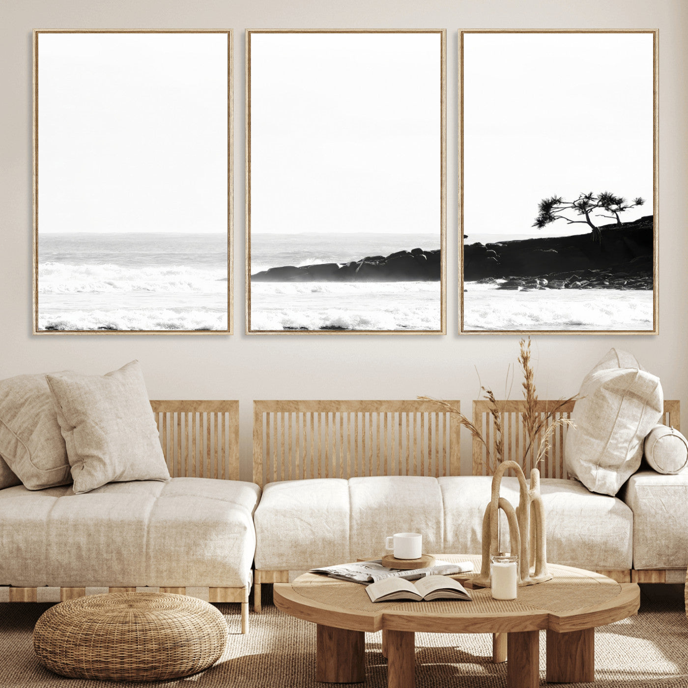 40875891-MGV-CV-36X24-SurferCliffs Wall Art Canvas Print, Framed Black White Beach Art Picture Print, Ocean Waves Perfect Minimalist Coastal Decor