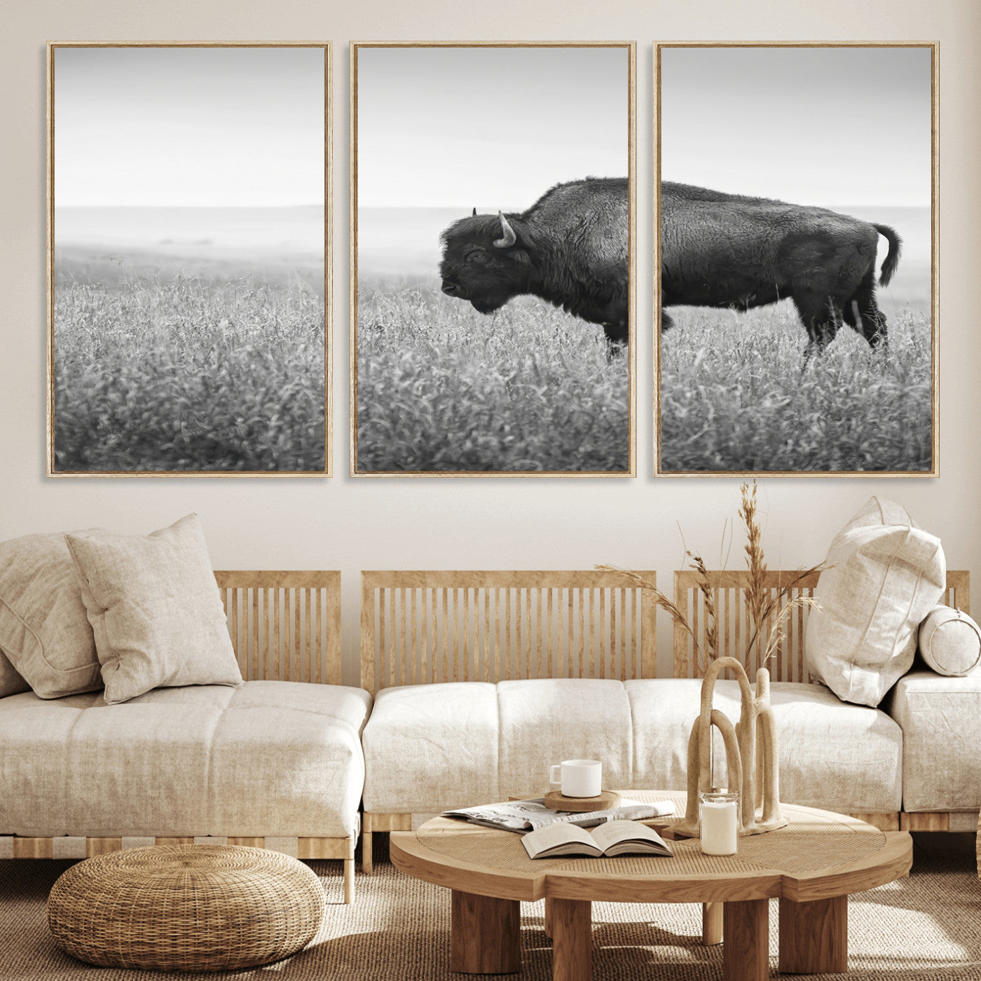 28435251-MGV-FC-60X30-3P_Natural-Bison In Prairie Wall Art Canvas Print, Framed Rustic Wildlife Art Picture Print, Wild Buffalo Perfect Rustic Western Decor