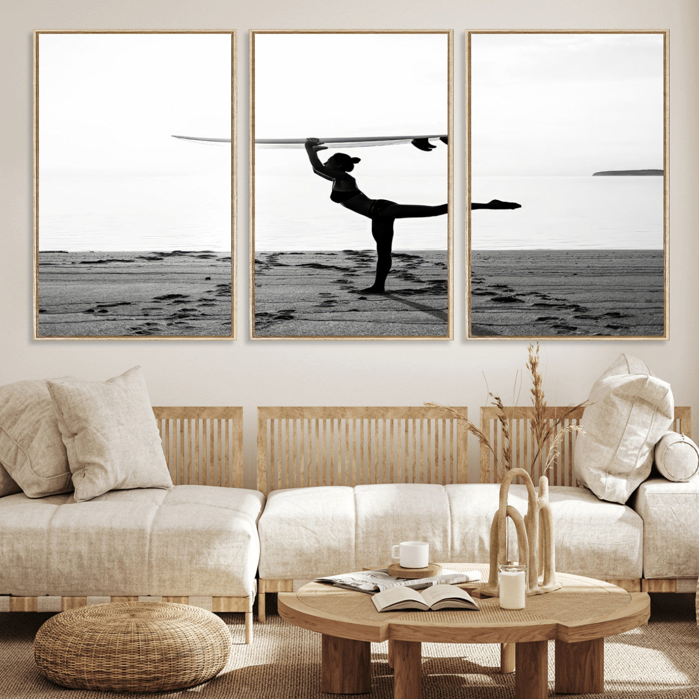 28441356-MGV-CV-36X24-Yoga Surf Wall Art Canvas Print, Framed Black White Shore Art Picture Print, Peaceful Ocean Perfect Minimalist Coastal Decor