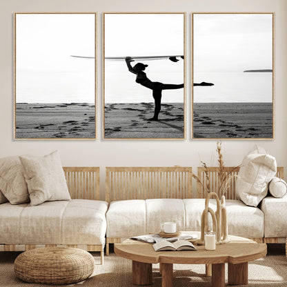 28441356-MGV-CV-36X24-Yoga Surf Wall Art Canvas Print, Framed Black White Shore Art Picture Print, Peaceful Ocean Perfect Minimalist Coastal Decor
